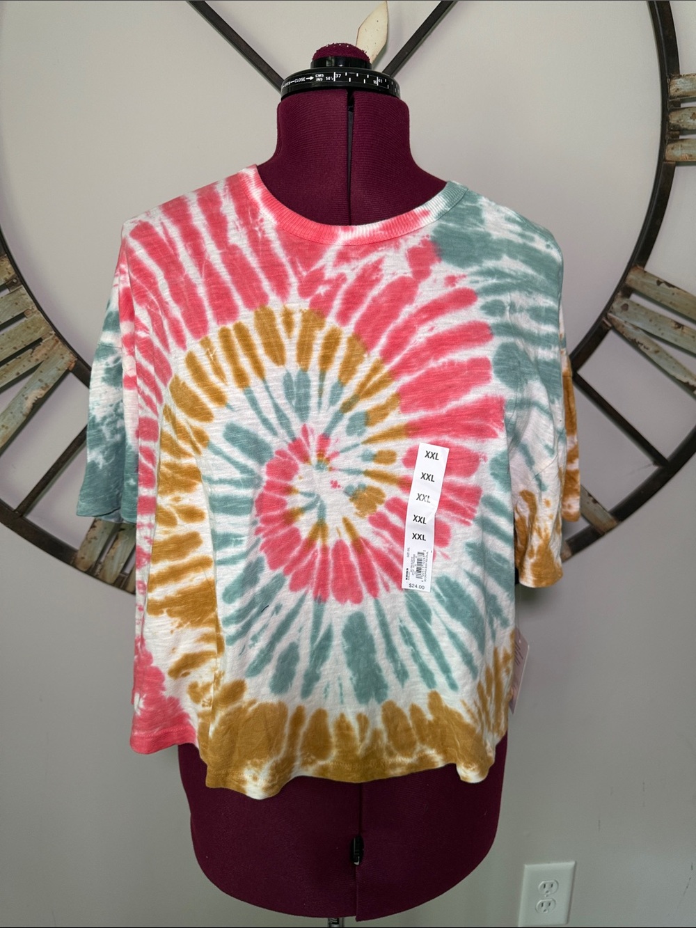 SO Tie-Dye Spiral Short Sleeve Tee in Pink, Teal & Mustard